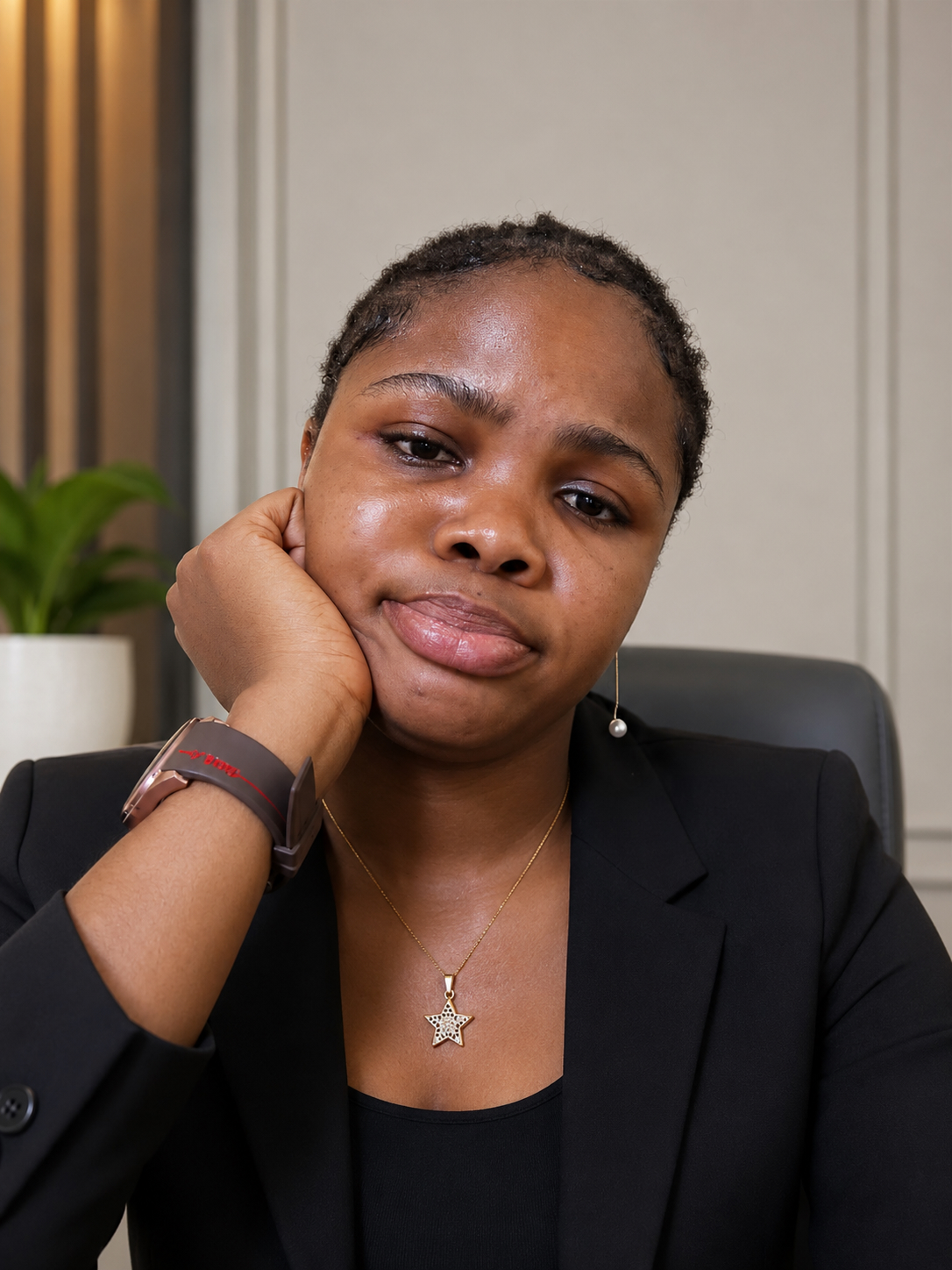 Imma Necherem, host of Beyond the Draft, a Black woman with dark brown eyes and short, natural dark hair, seated indoors in a black blazer, resting her chin on her hand with a thoughtful expression, wearing a gold star pendant necklace and a smartwatch.