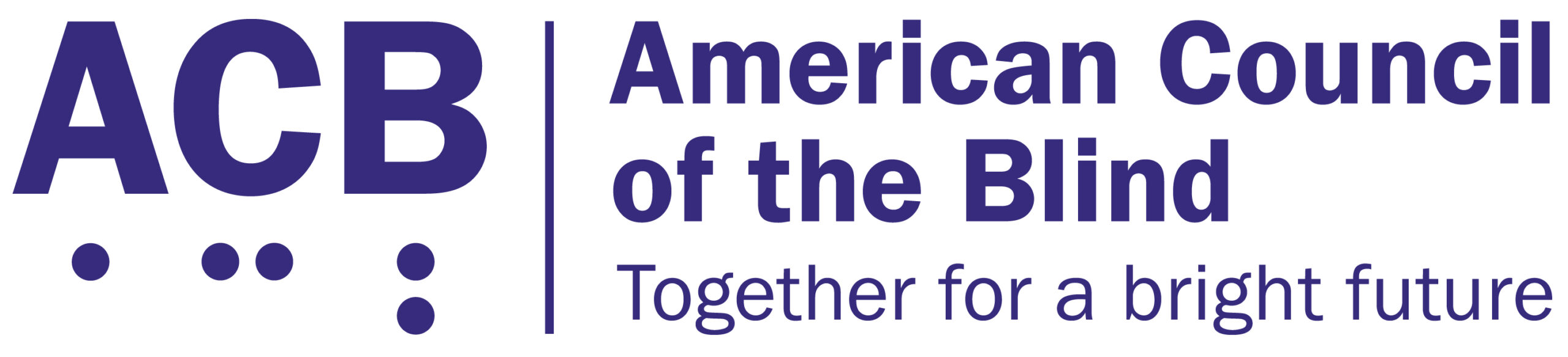 The American Council of the Blind logo on a white background. Bold purple letters spell 'ACB' on the left, followed by a thin vertical divider line. To the right, in bold purple text, reads 'American Council of the Blind,' with the tagline 'Together for a bright future' beneath it in a lighter, script-style purple font. Small purple dots arranged like braille cells appear beneath the 'ACB' letters.